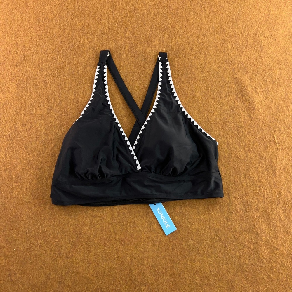Yonique Womens 16W Black Ric Rac Trim V-Neck Bikini Swim Top